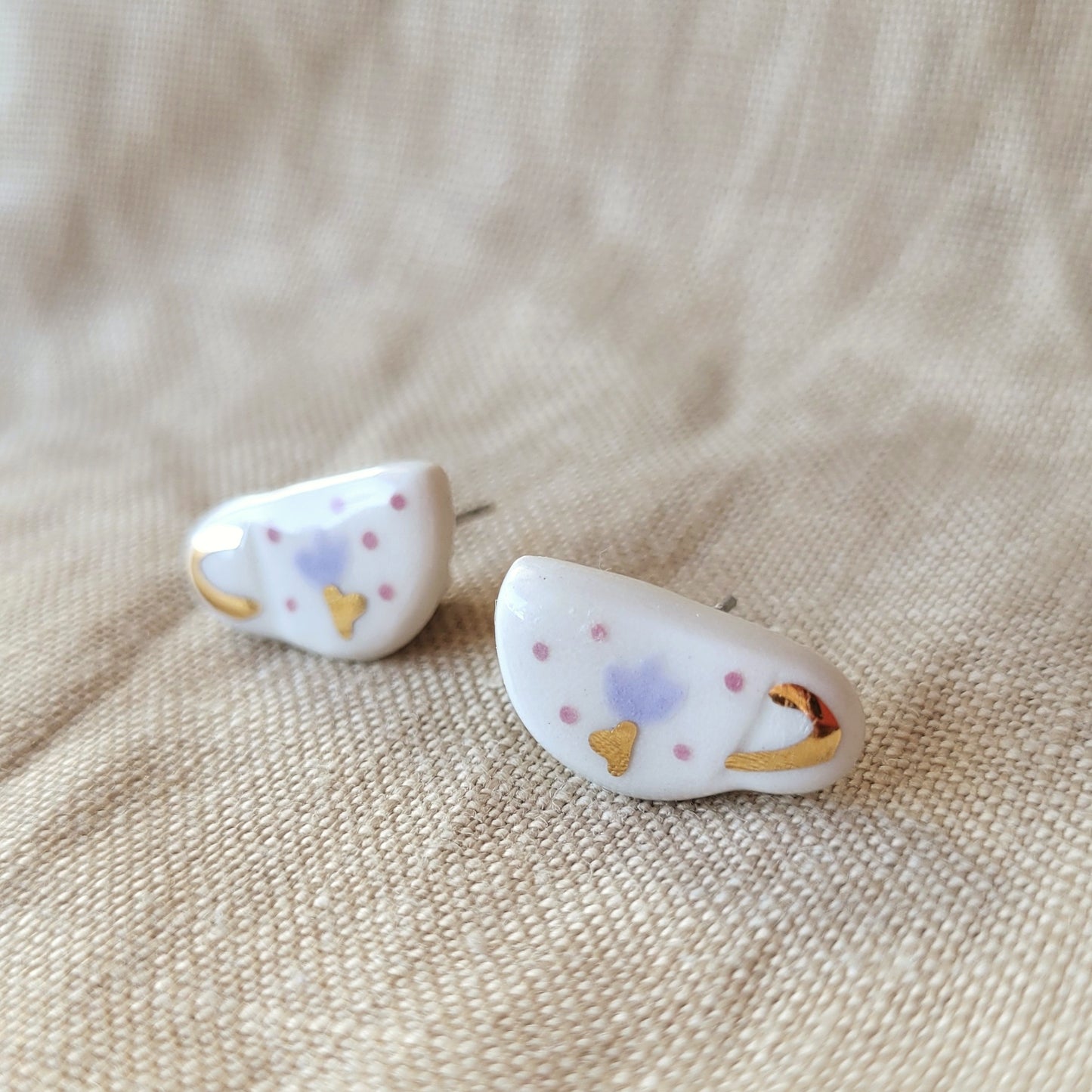 Porcelain stud earrings with gold " Tiny white coffee mugs with tulips"