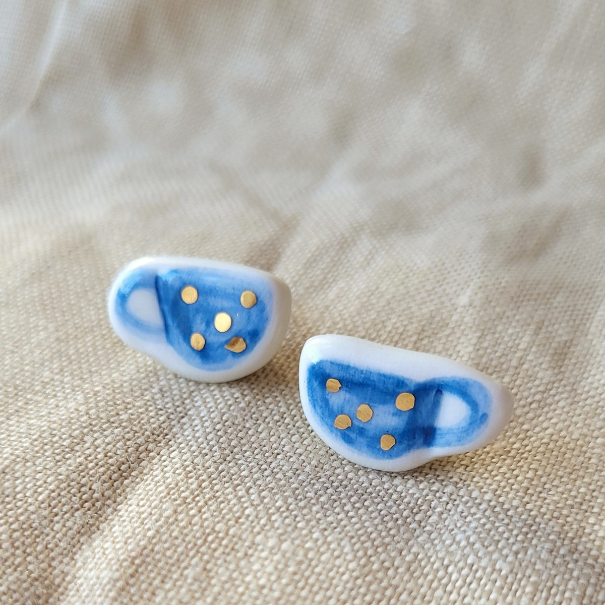 Porcelain stud earrings with gold " Tiny blue coffee mugs with dots"