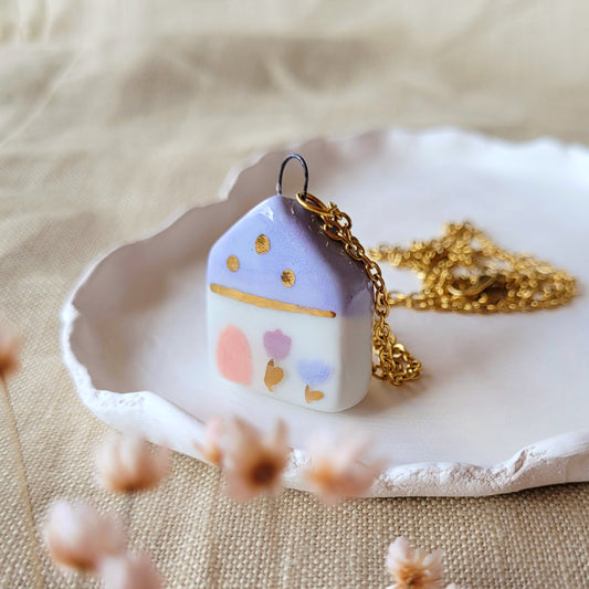 Porcelain necklace with gold "Light purple house with pink door"