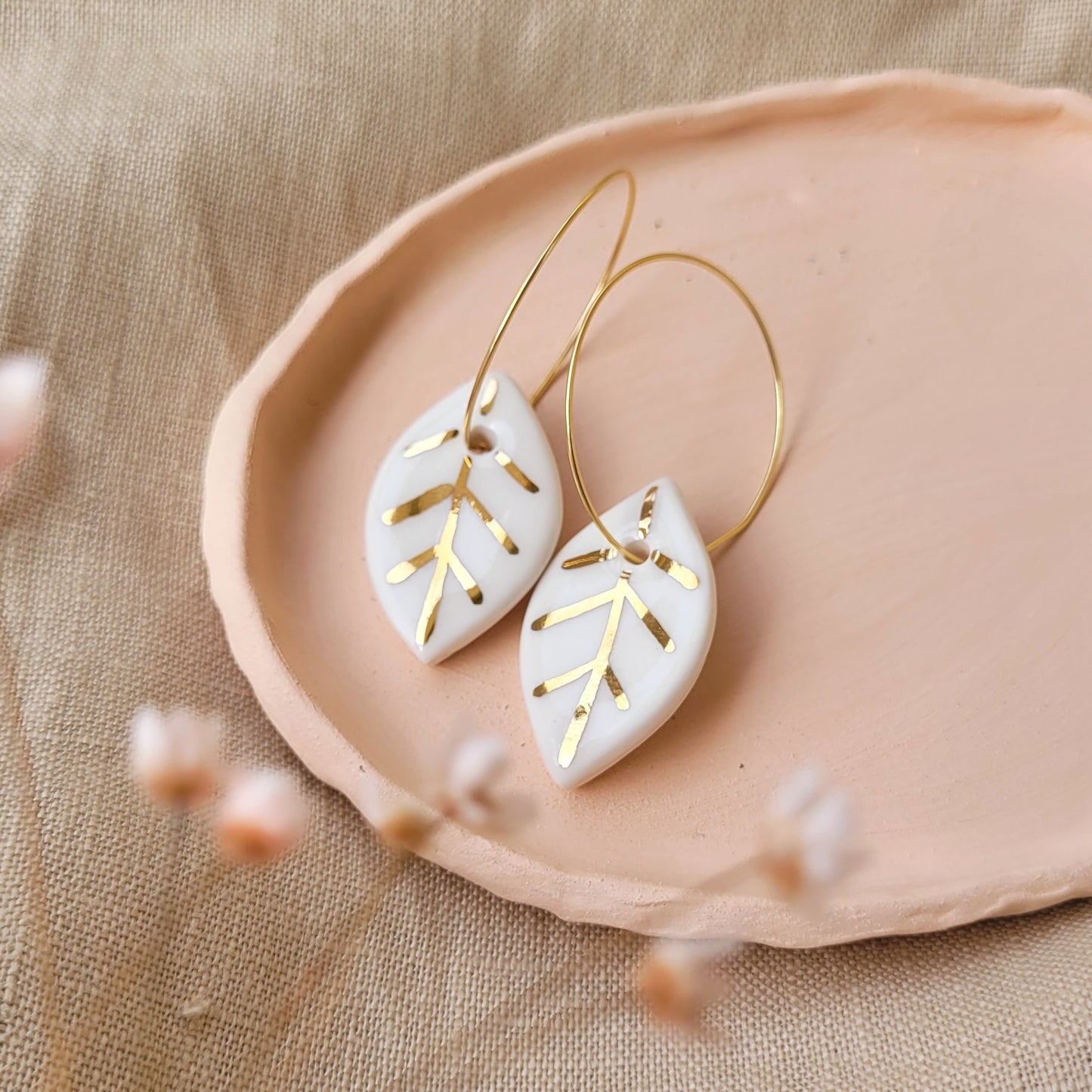 Porcelain dangle earrings with gold "White and gold leaves"