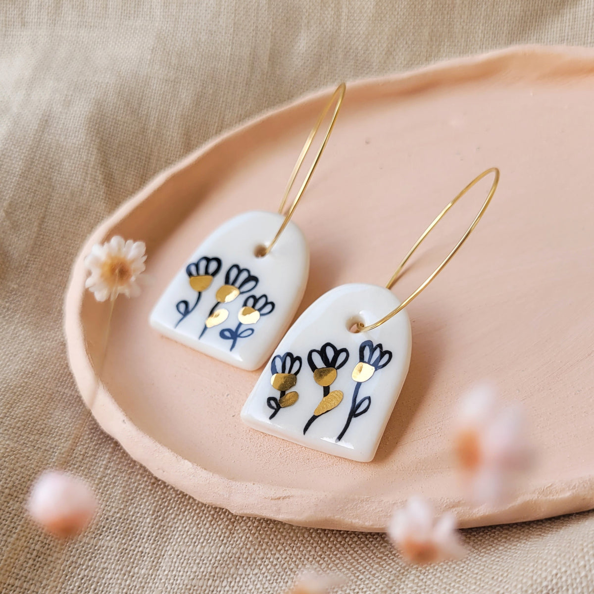Porcelain dangle earrings with gold "Black & gold"