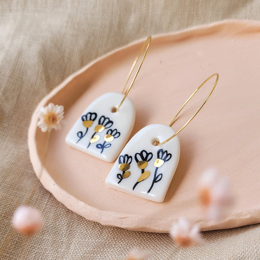 Porcelain dangle earrings with gold "Black & gold"