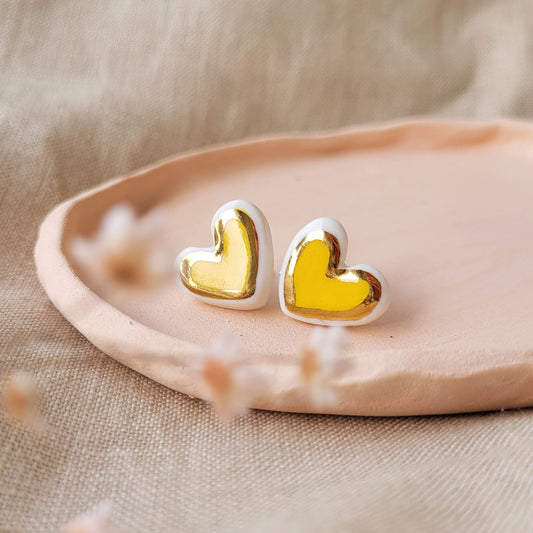 Porcelain stud earrings with gold "Yellow hearts with gold"