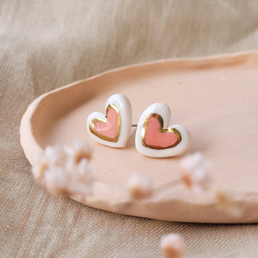 Porcelain stud earrings with gold "Pink hearts with gold"