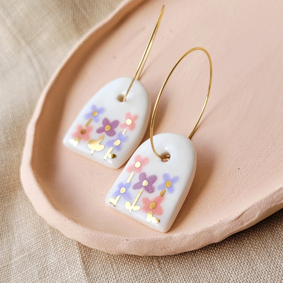 Porcelain dangle earrings with gold "Meadow"