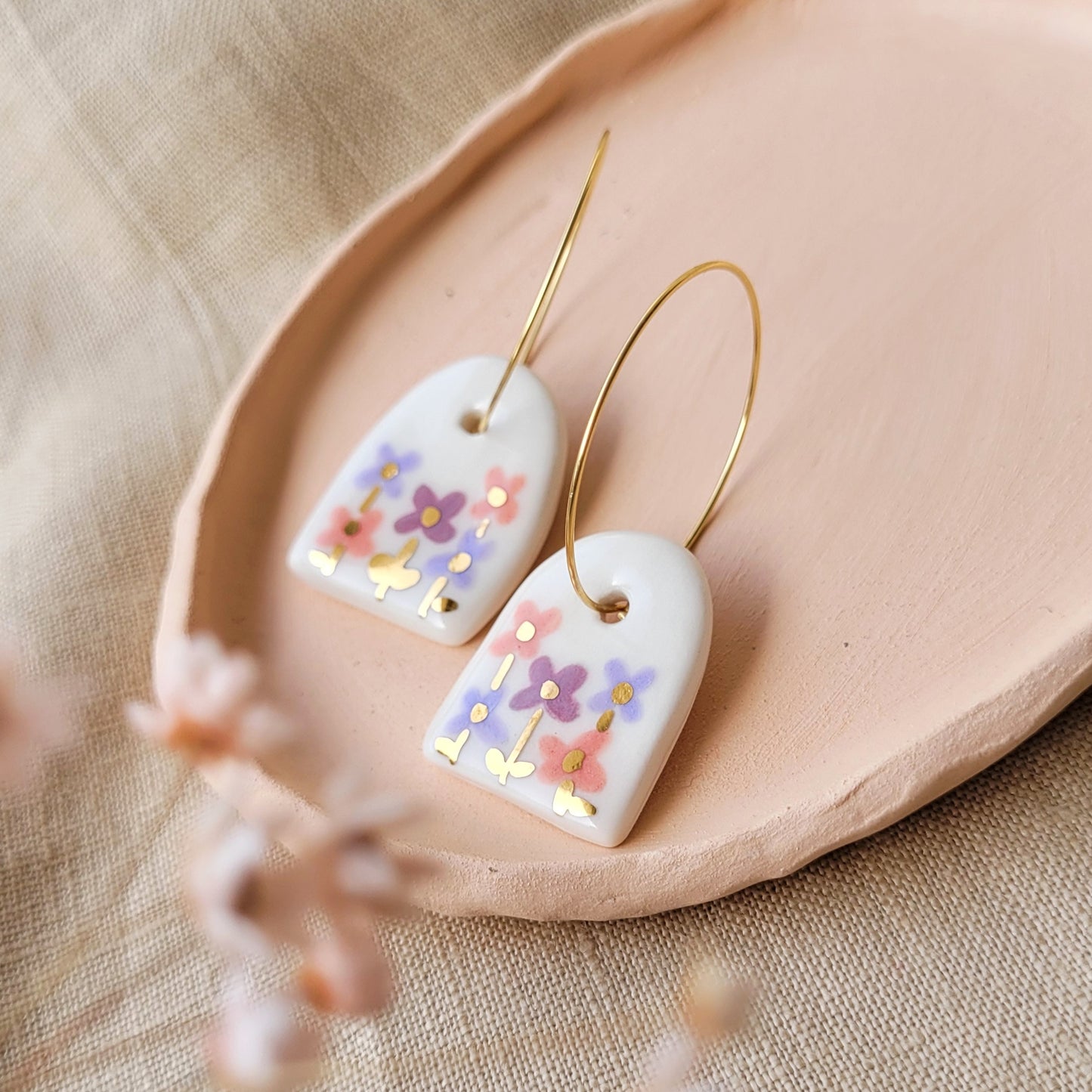 Porcelain dangle earrings with gold "Meadow"