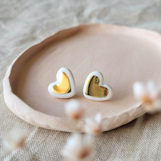 Porcelain stud earrings with gold "Hearts in white and gold"