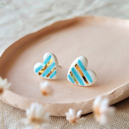 Porcelain stud earrings with gold "Hearts with blue stripes"