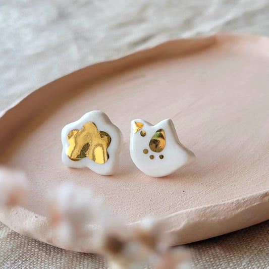 Porcelain stud earrings with gold "Little bird and cloud"