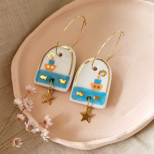 Porcelain dangle earrings with gold "Little boat"