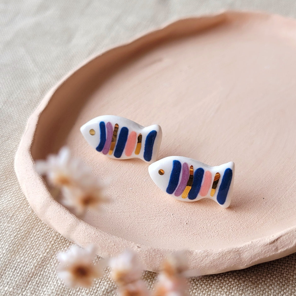 Porcelain stud earrings with gold "Fish with blue and pink stripes"