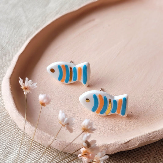 Porcelain stud earrings with gold "Fish with blue and orange stripes"