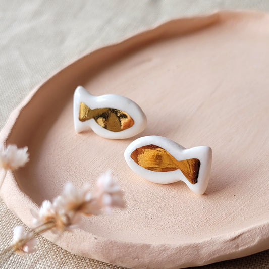 Porcelain stud earrings with gold "Goldfish"