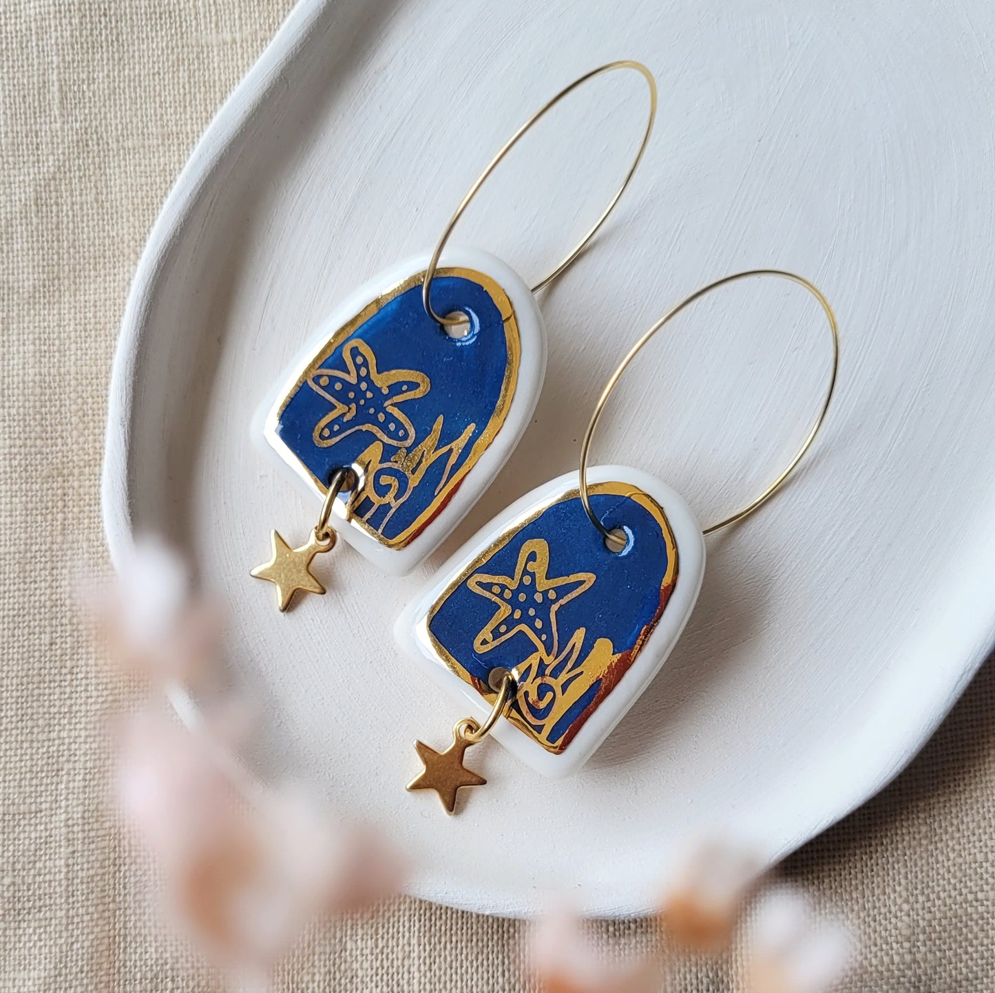 Porcelain dangle earrings with gold "Deep blue sea"
