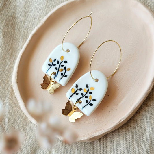 Porcelain dangle earrings with gold "White, black and gold"