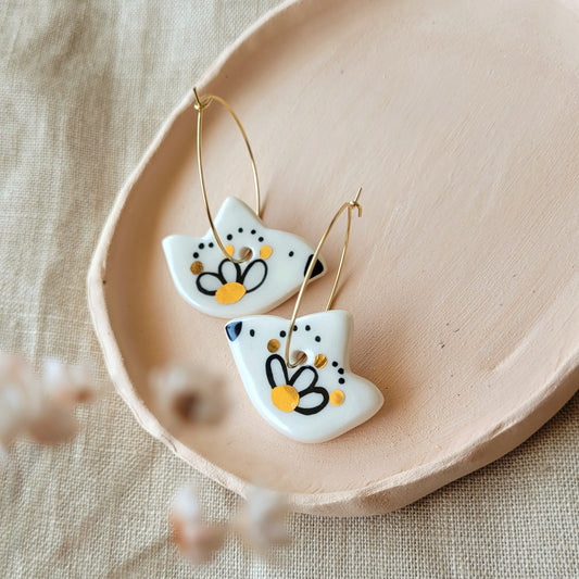 Porcelain dangle earrings with gold "White birds with black and gold"