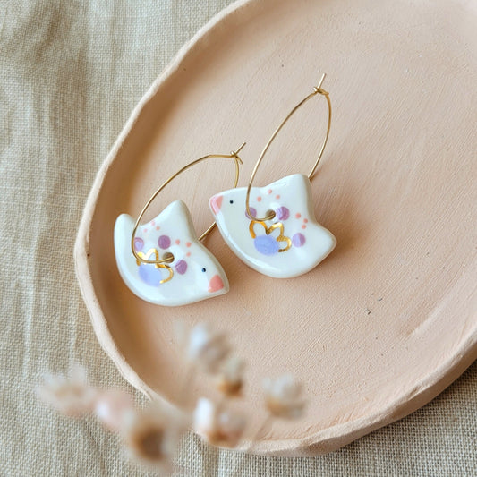 Porcelain dangle earrings with gold "White birds"