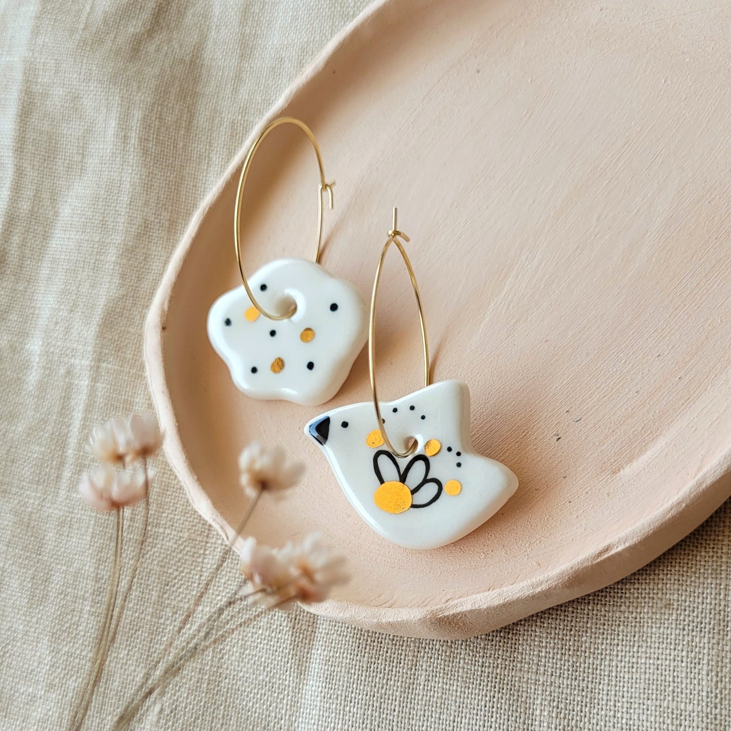 Porcelain dangle earrings with gold "White bird and cloud"