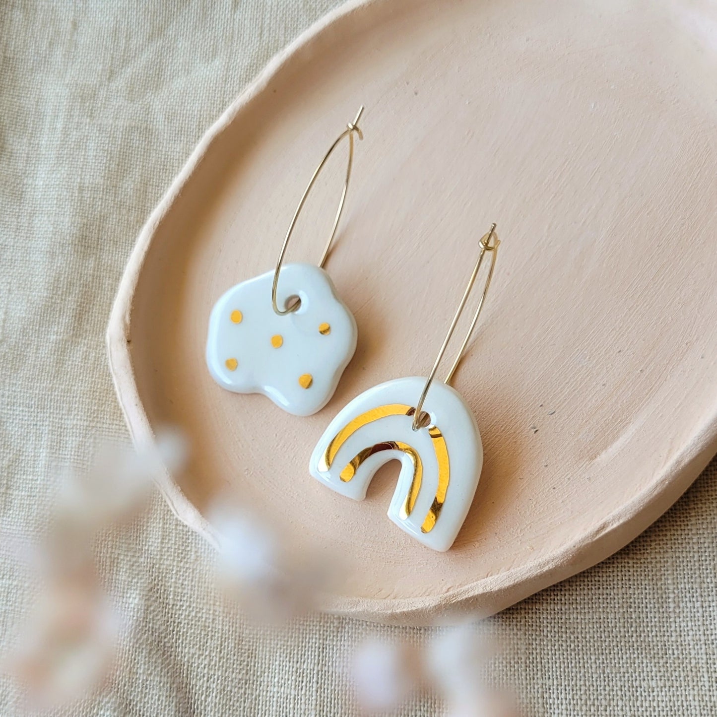 Porcelain dangle earrings with gold "White and gold cloud and rainbow"