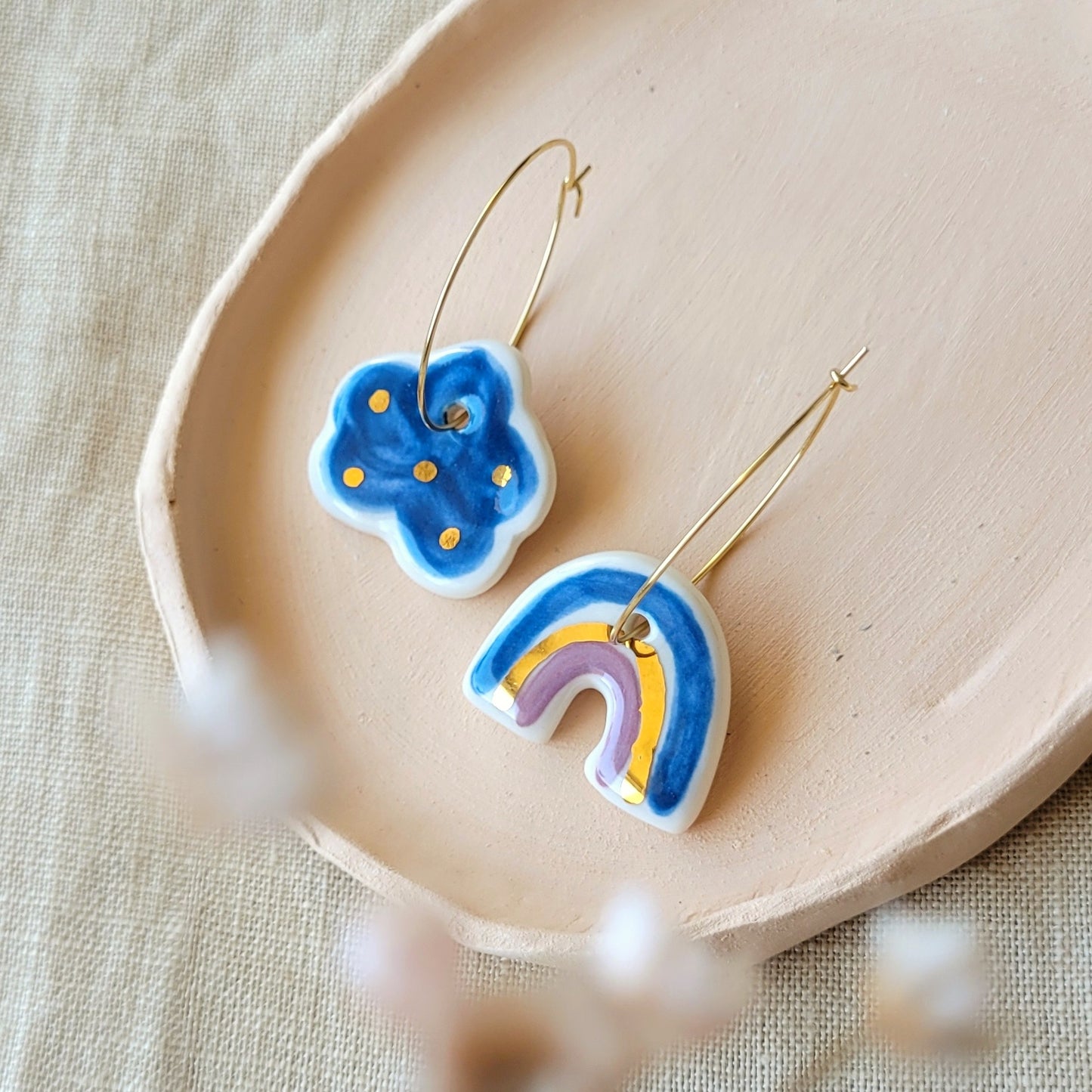 Porcelain dangle earrings with gold "Dark blue cloud and rainbow"