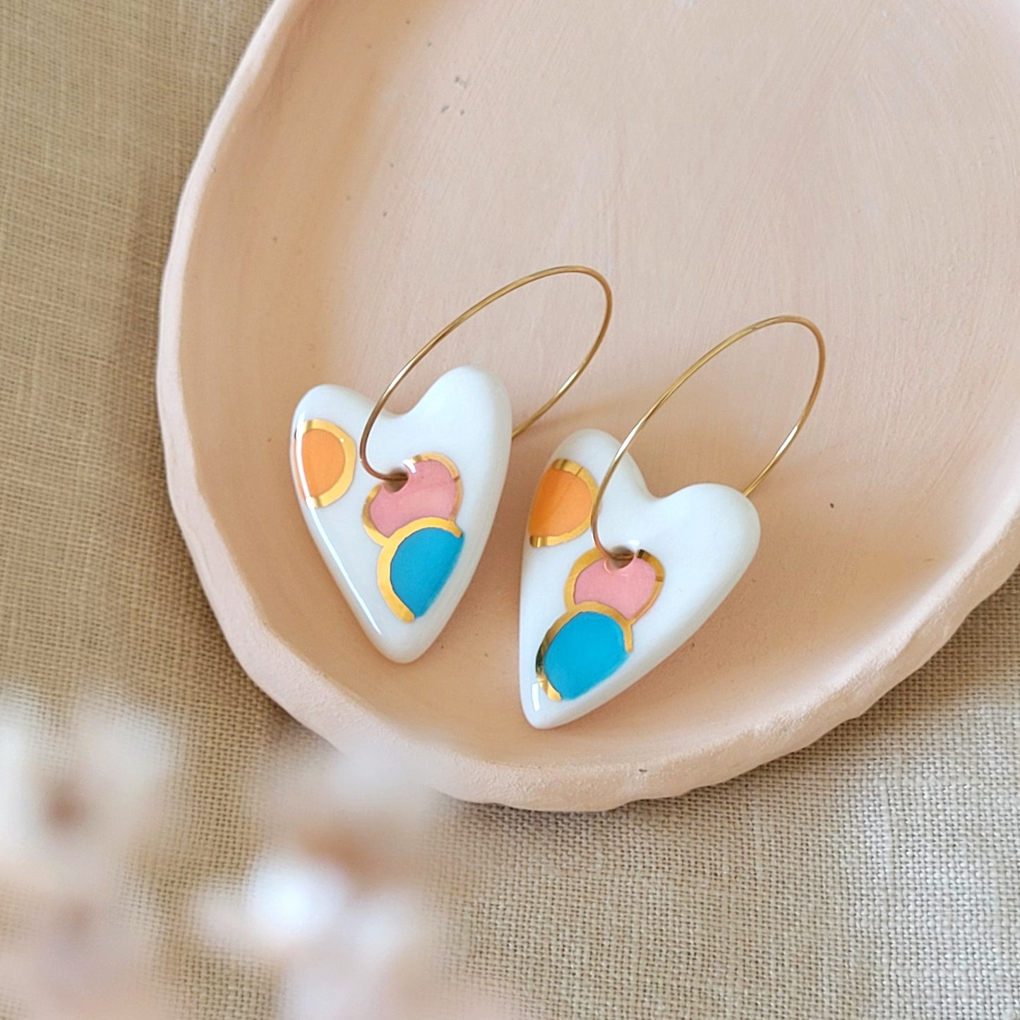 Porcelain dangle earrings with gold "Hearts in orange, pink and blue"