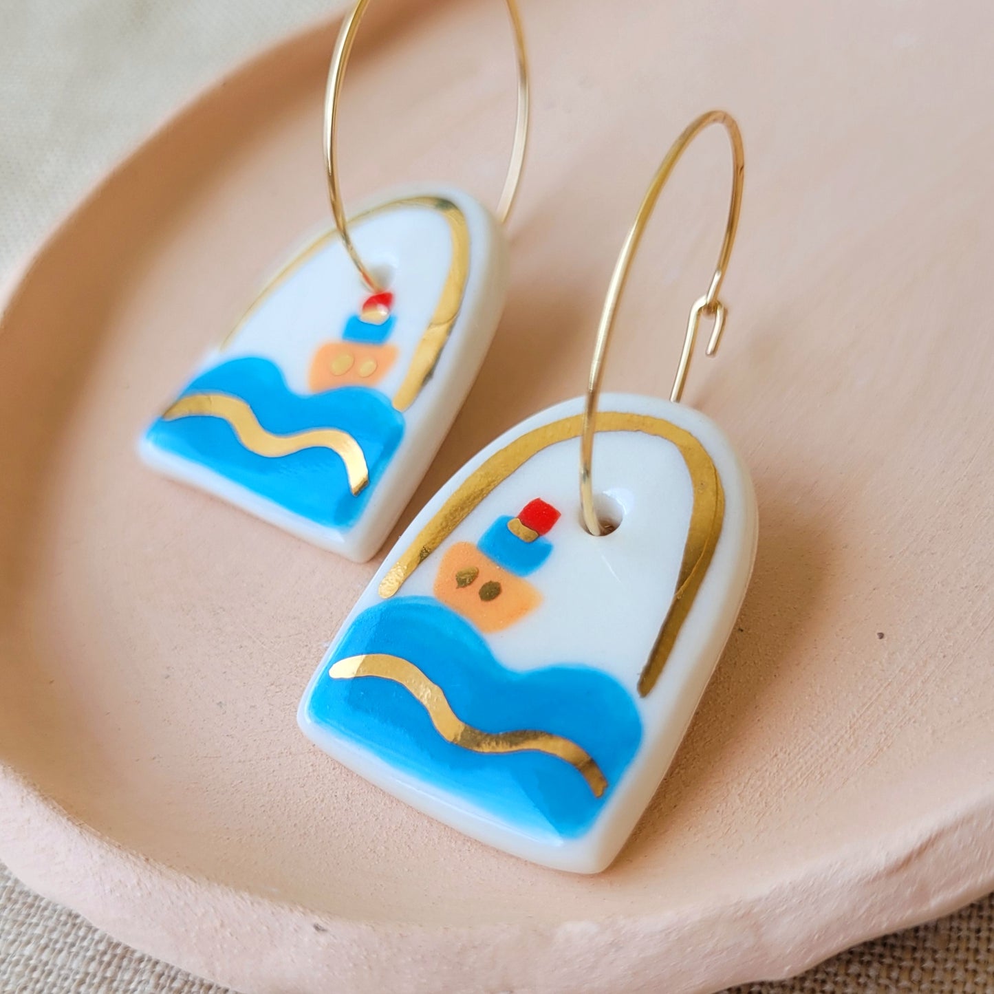 Porcelain dangle earrings with gold "Little boats"