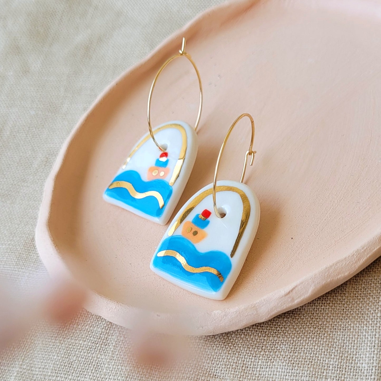 Porcelain dangle earrings with gold "Little boats"