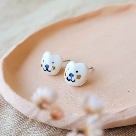 Porcelain stud earrings with gold "Tiny bears"