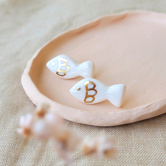 Porcelain stud earrings with gold "White fish"