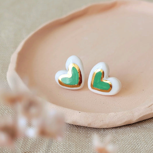 Porcelain stud earrings with gold "Green hearts with gold"