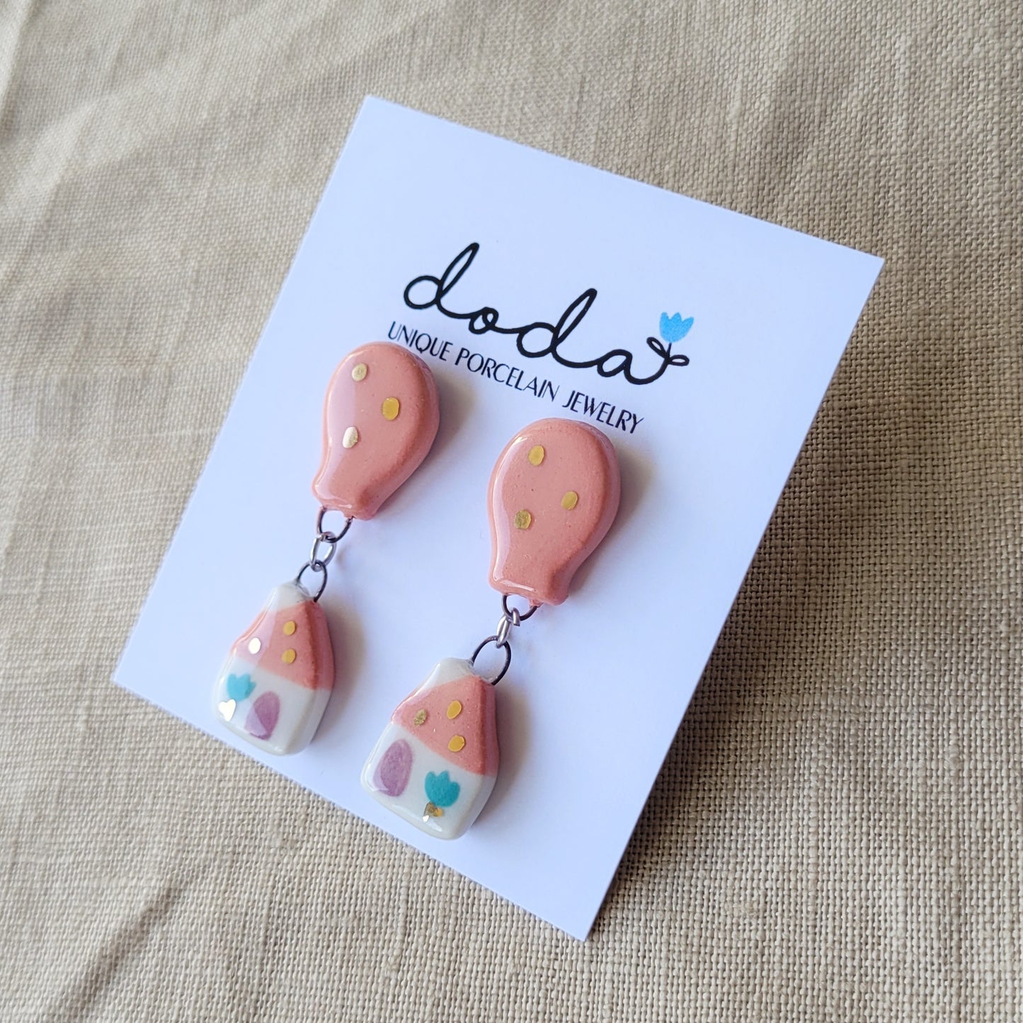 Porcelain stud earrings with gold "Pink house and balloon"