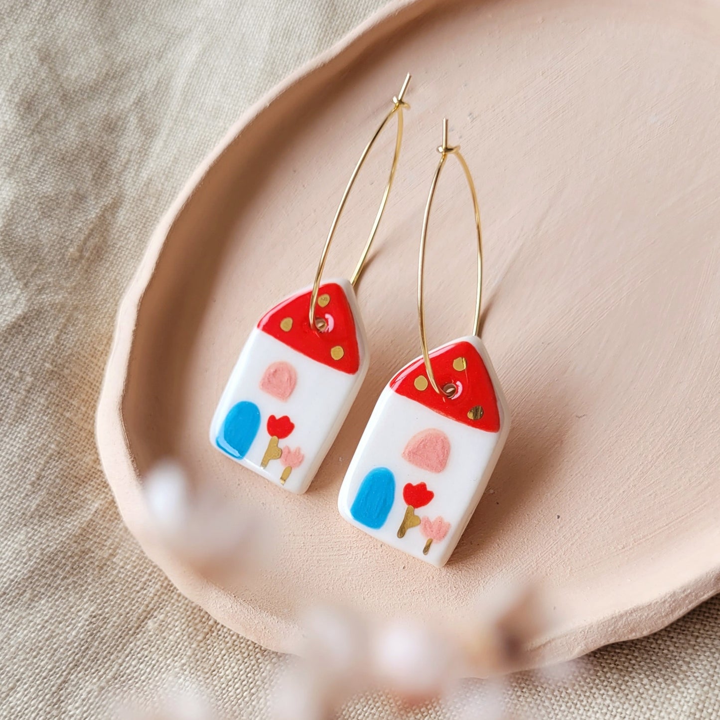 Porcelain dangle earrings with gold "Red houses"