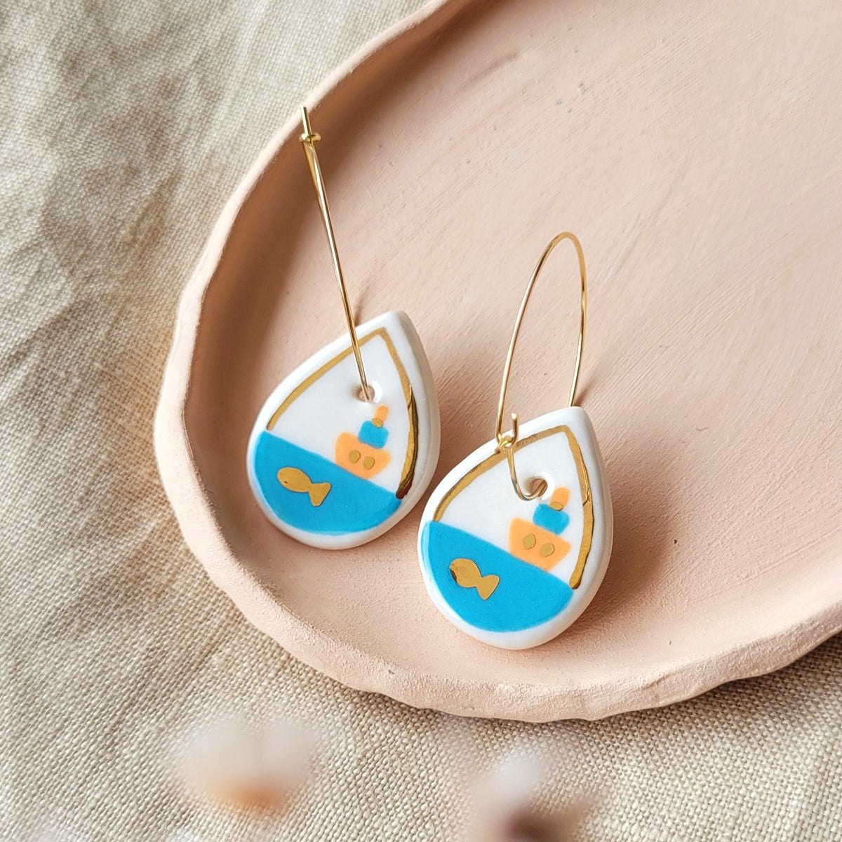 Porcelain dangle earrings with gold "Goldfish"