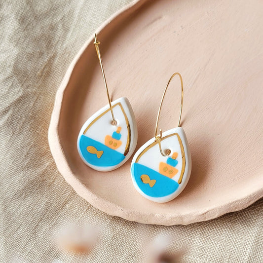 Porcelain dangle earrings with gold "Goldfish"