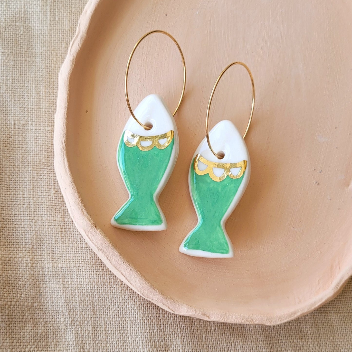 Porcelain dangle earrings with gold "Green fish"