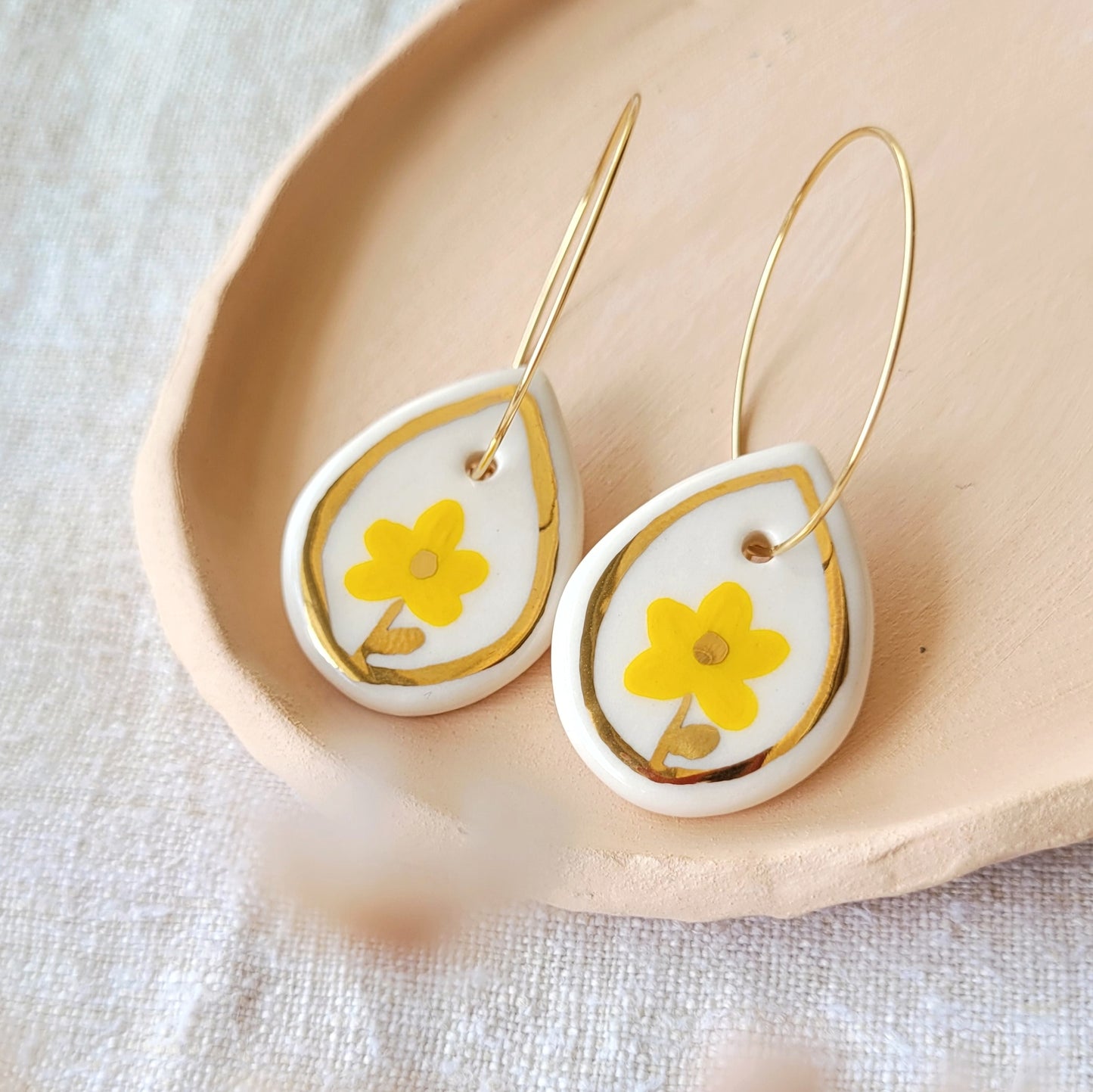 Porcelain dangle earrings with gold "Yellow flowers"