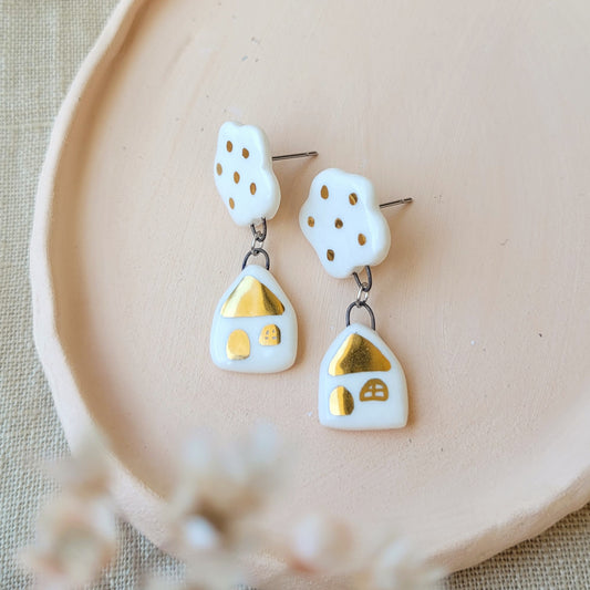 Porcelain stud earrings with gold "White and gold houses"