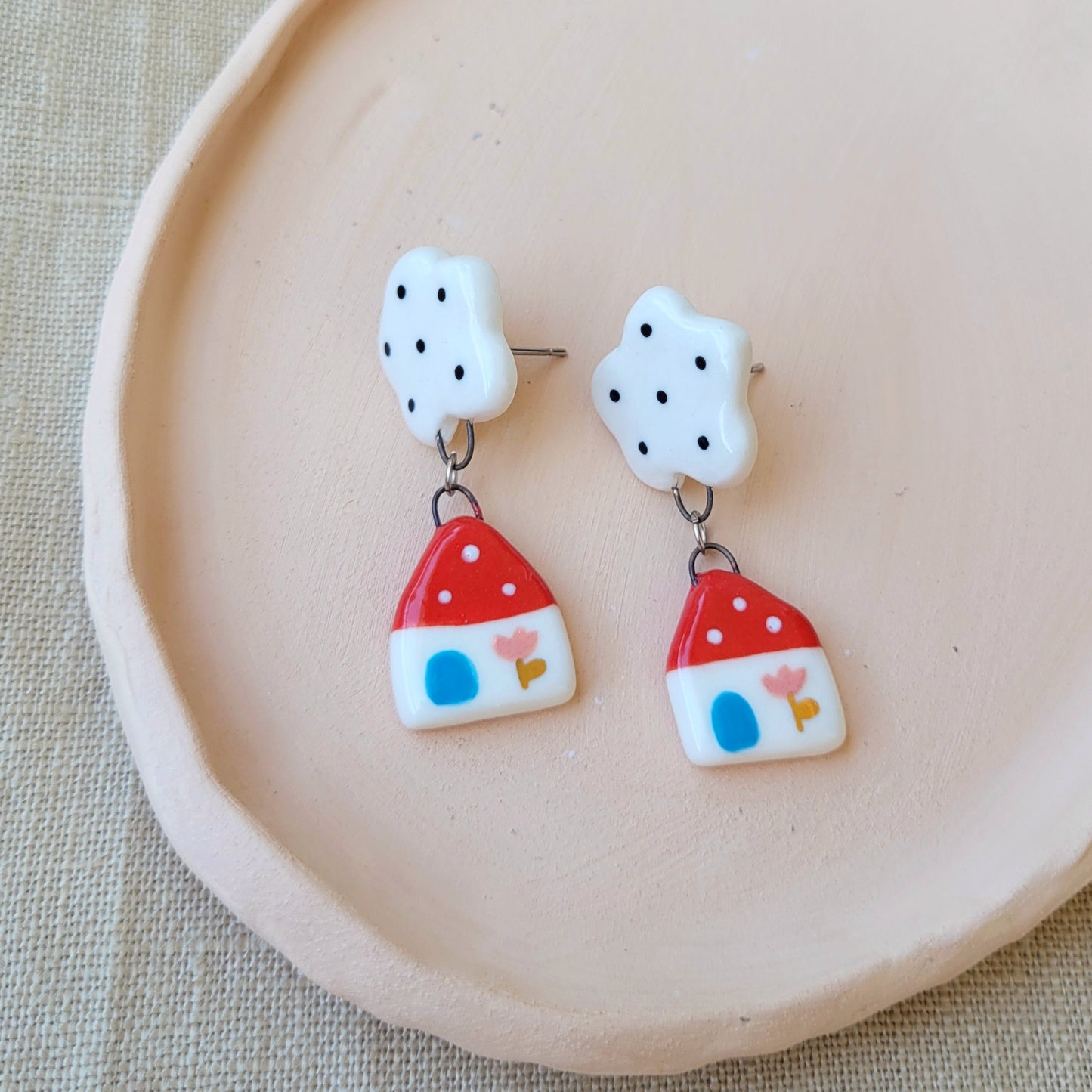 Porcelain stud earrings with gold "Red houses and white clouds"