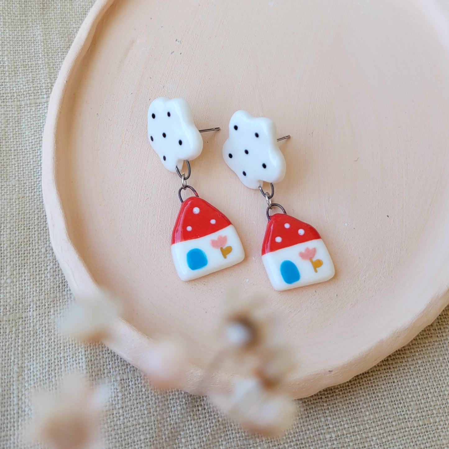 Porcelain stud earrings with gold "Red houses and white clouds"