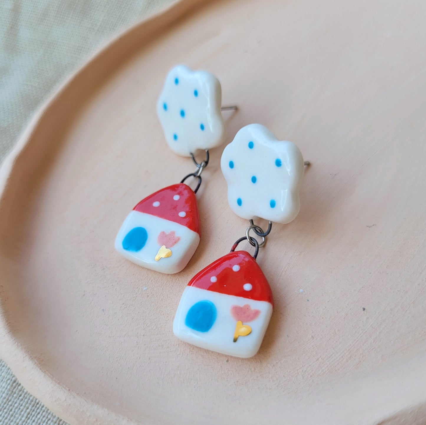 Porcelain stud earrings with gold "Red house and cloud with blue dots"