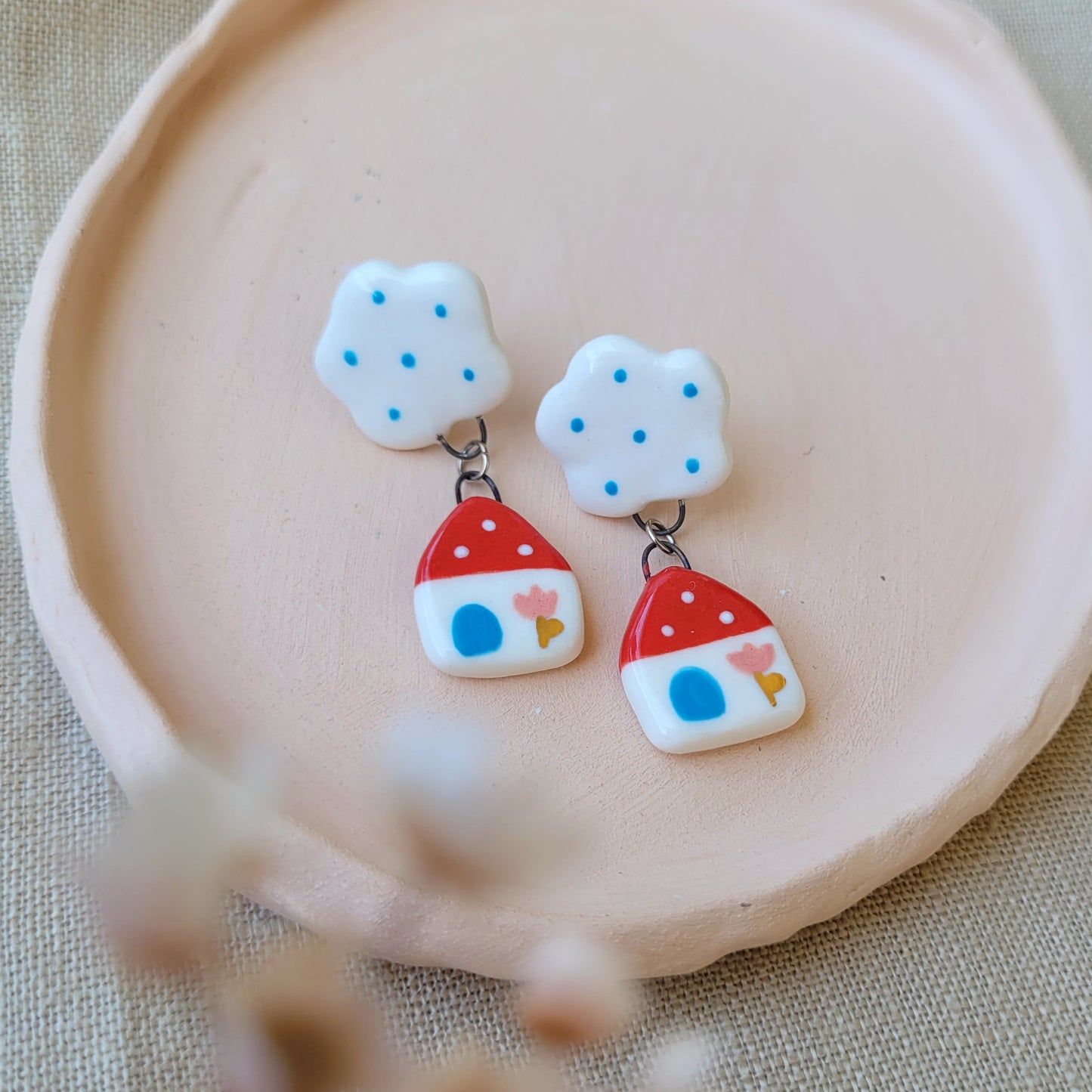 Porcelain stud earrings with gold "Red house and cloud with blue dots"
