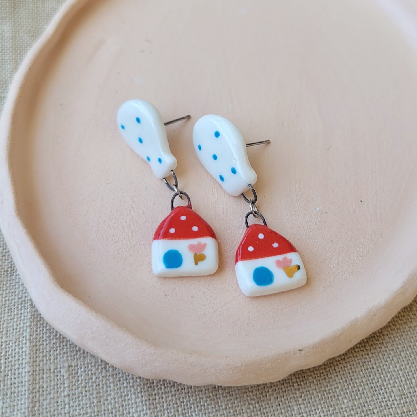 Porcelain stud earrings with gold "Red houses and white balloons"