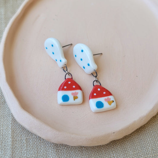 Porcelain stud earrings with gold "Red houses and white balloons"