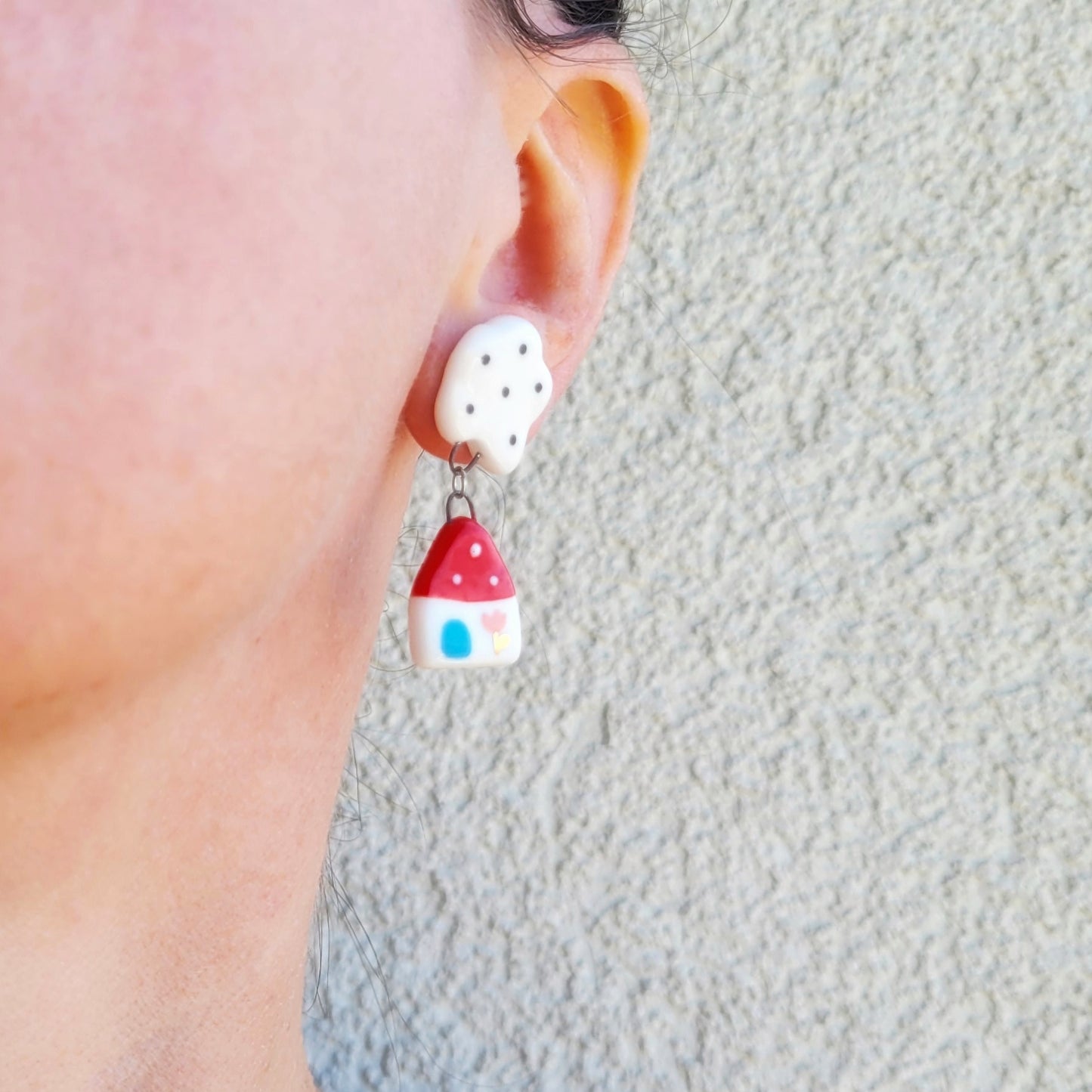 Porcelain stud earrings with gold "Red houses and white clouds"