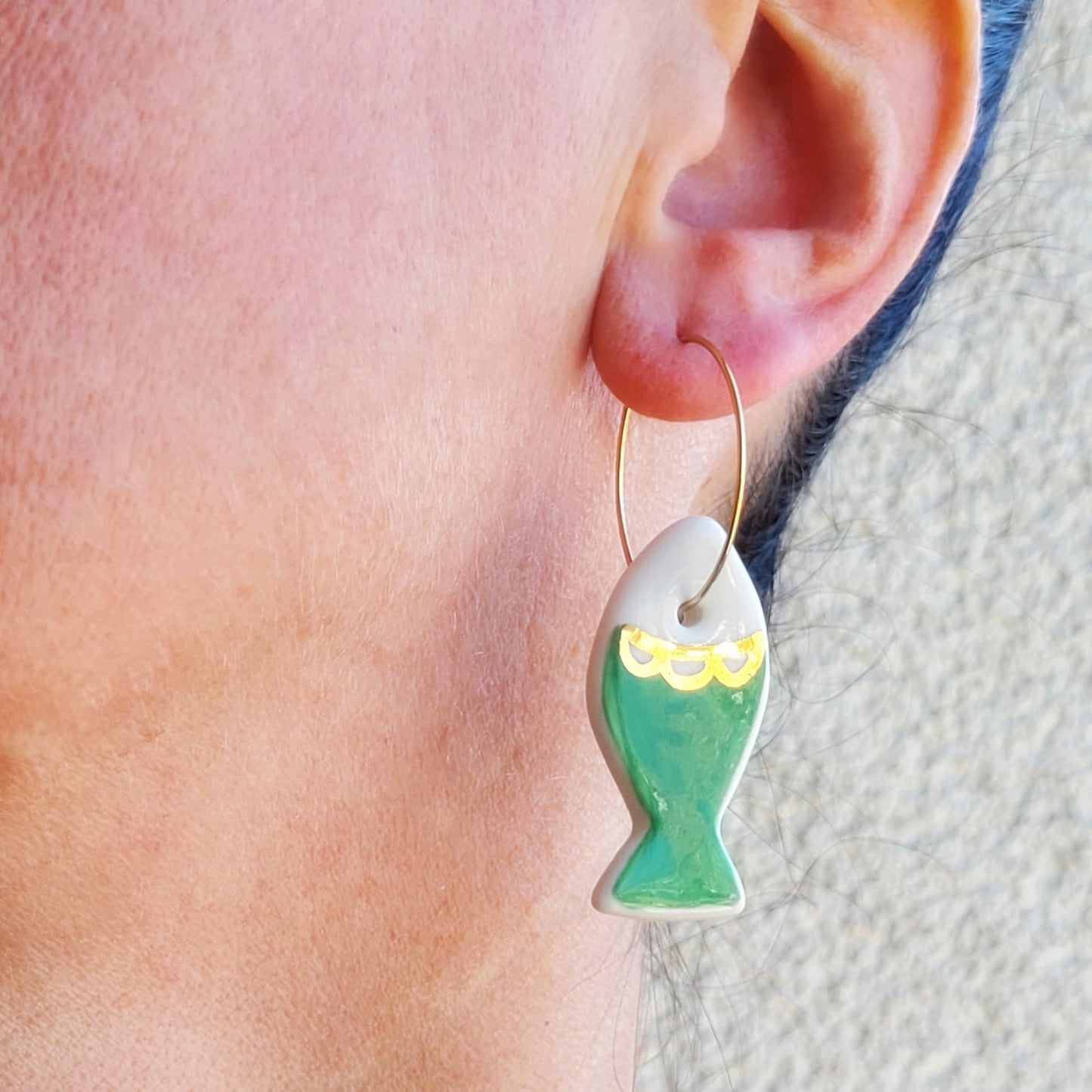 Porcelain dangle earrings with gold "Green fish"