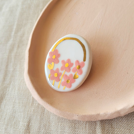 Porcelain brooch with gold "Pink flowers"