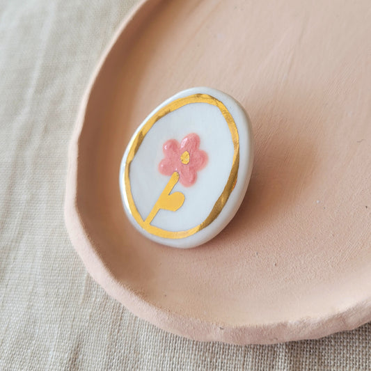 Porcelain brooch with gold "Pink flower"