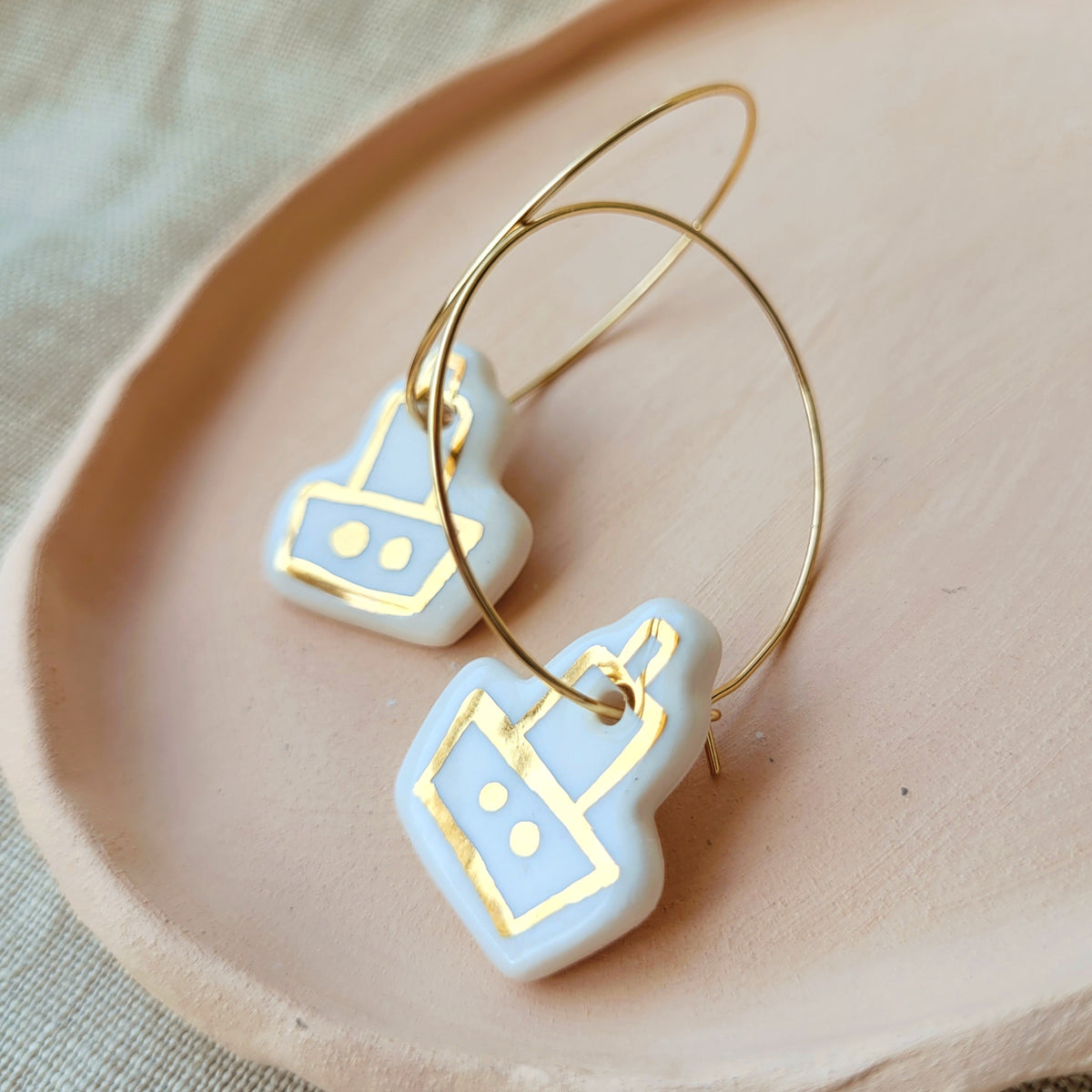 Porcelain dangle earrings with gold "White boats with gold"