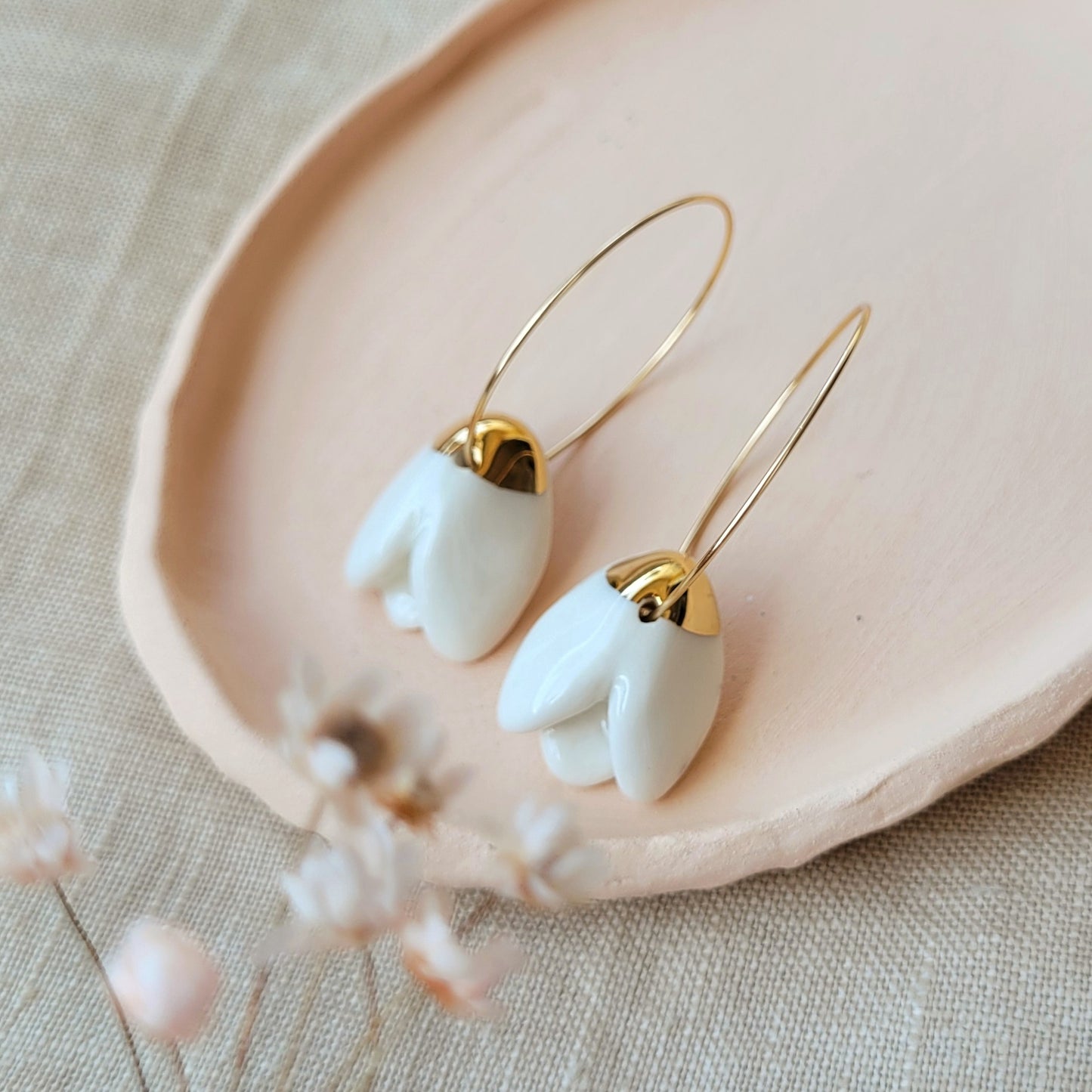 Porcelain dangle earrings with gold "Snowdrops"