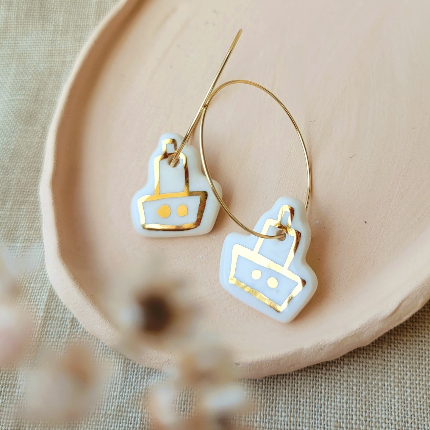 Porcelain dangle earrings with gold "White boats with gold"